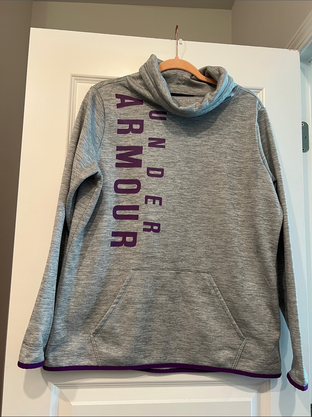 Under Armour Coldgear Gray Cowlneck Pullover with Purple Vertical Logo